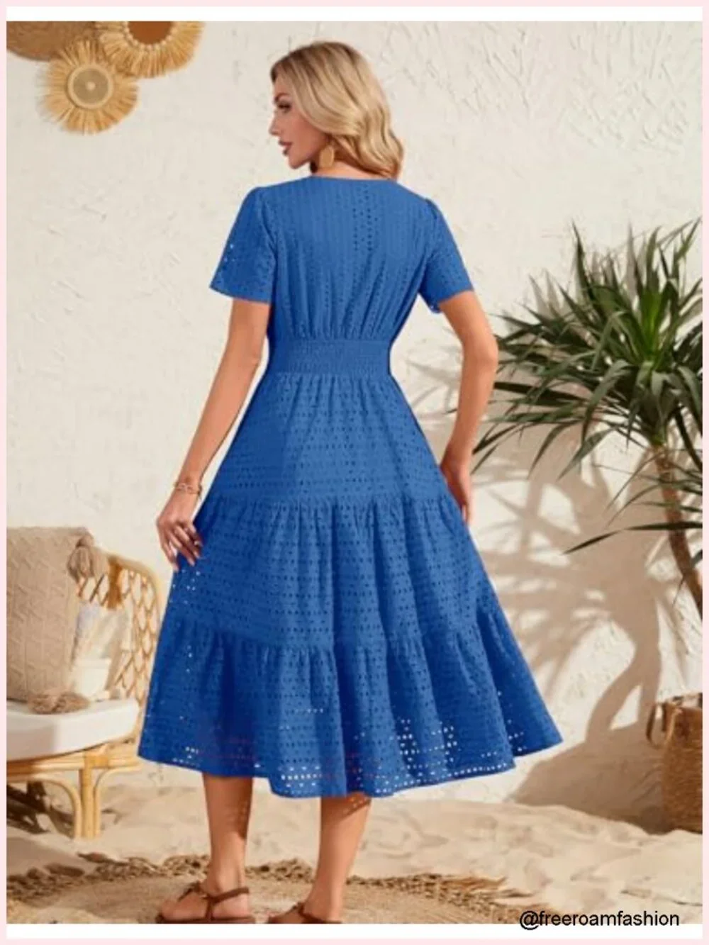 Eyelet Short Sleeve Midi Dress Smocked V Neck Hollow Out Casual Dress with
